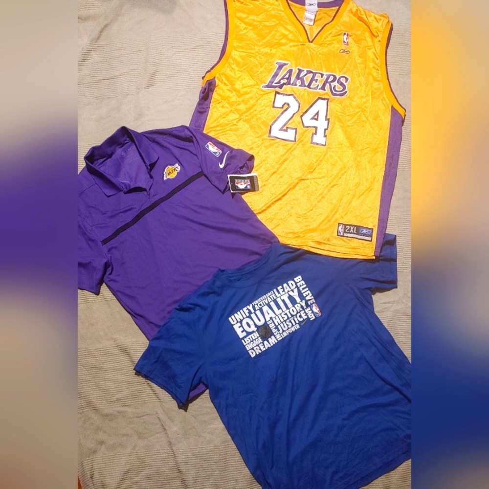 3 Official NBA shirts Colby Bryant jersey sz 2 XL, prpl collar shirt & blu T.